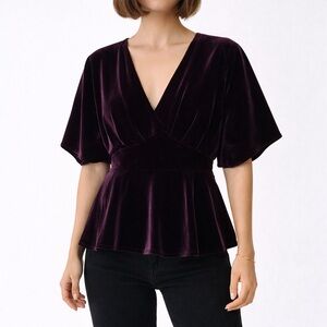 Adelyn Rae Purple Velvet Flowy Sleeve Blouse V Neck Holiday Party Top Size XS
